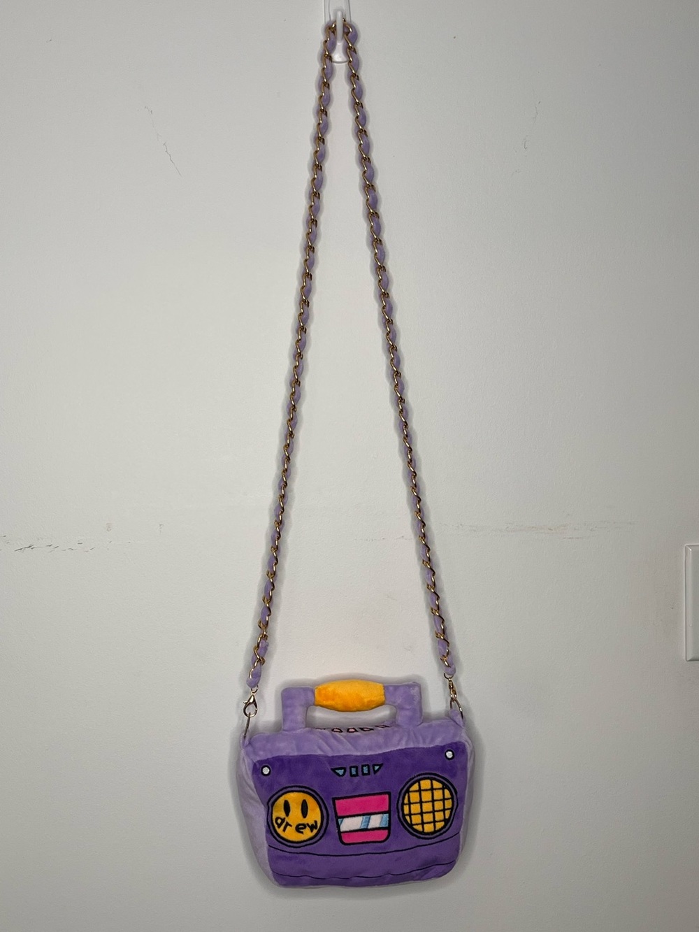 drew house Purple Plush Boombox Crossbody with Gold Chain